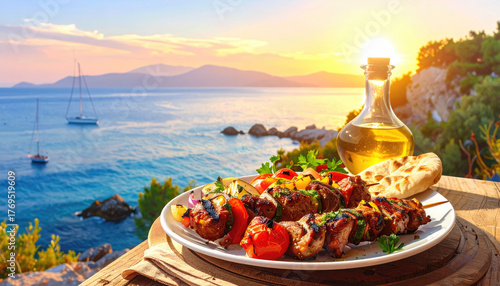 Delicious Souvlaki Skewers with Grilled Vegetables and Pita Bread