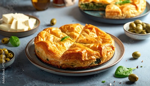 Golden Spanakopita Served with Cheese and Accompaniments on Plate