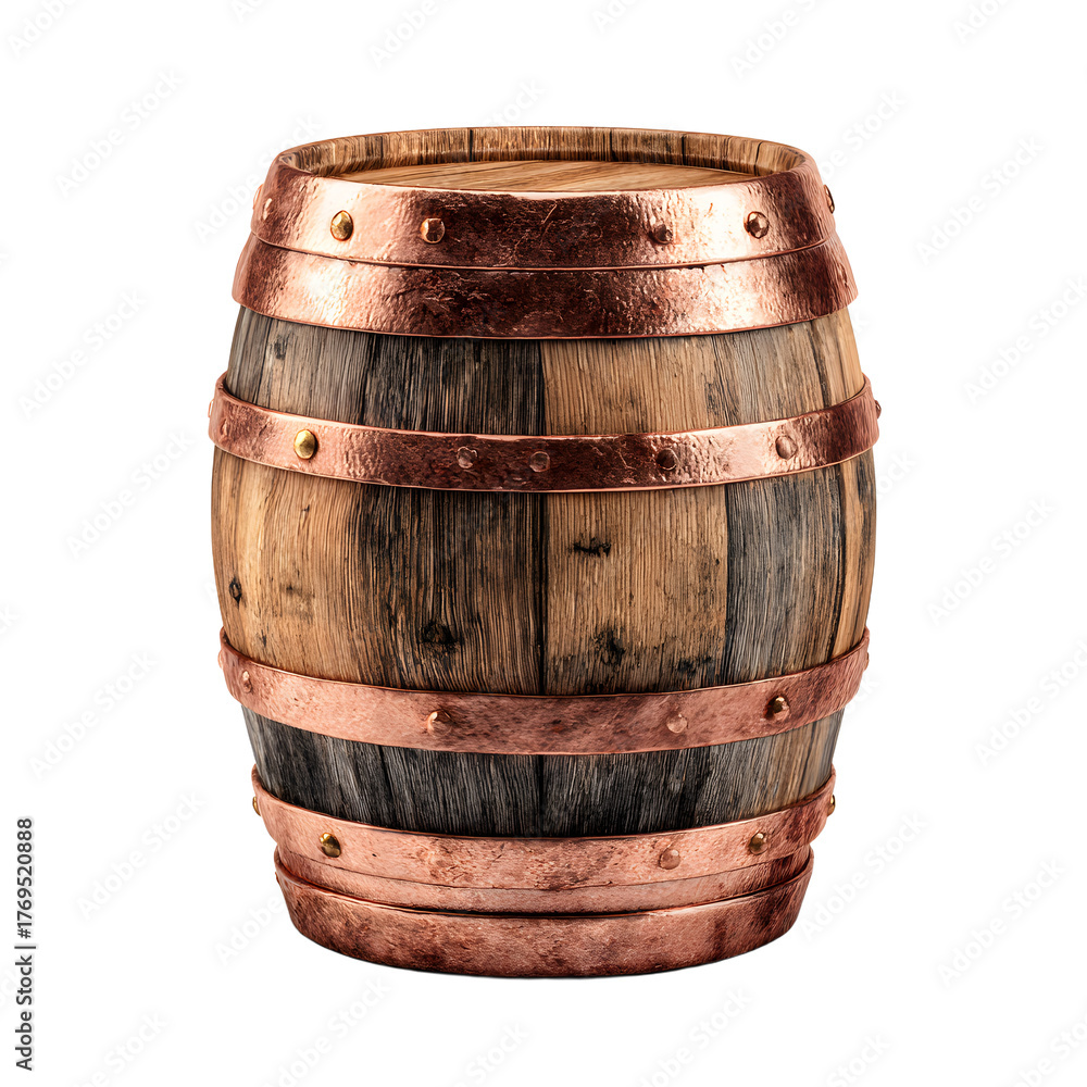Obraz premium Rustic Wooden Barrel with Copper Bands Isolated on White Background for Home Decor and Design Projects