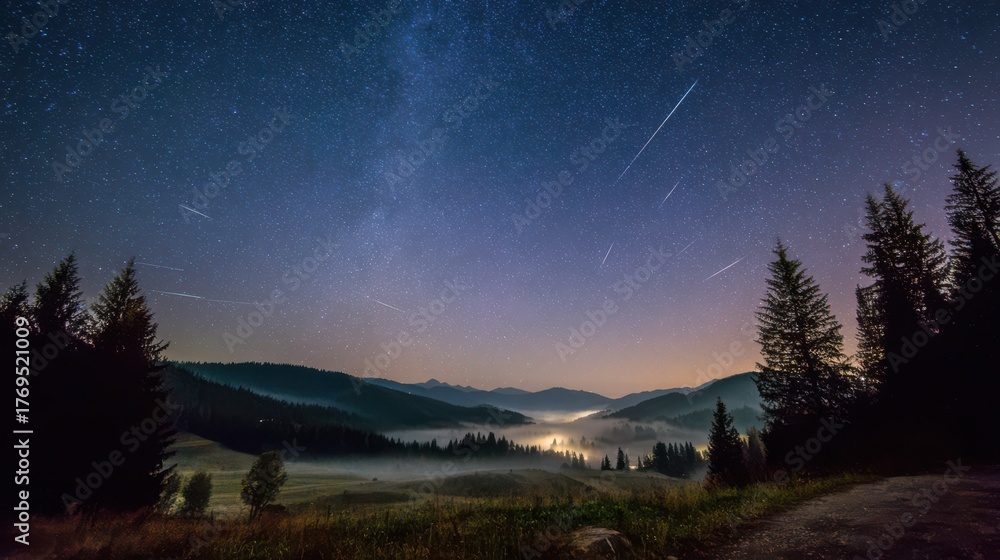 Fototapeta premium Starlit mountain landscape with misty valley and shooting stars at night