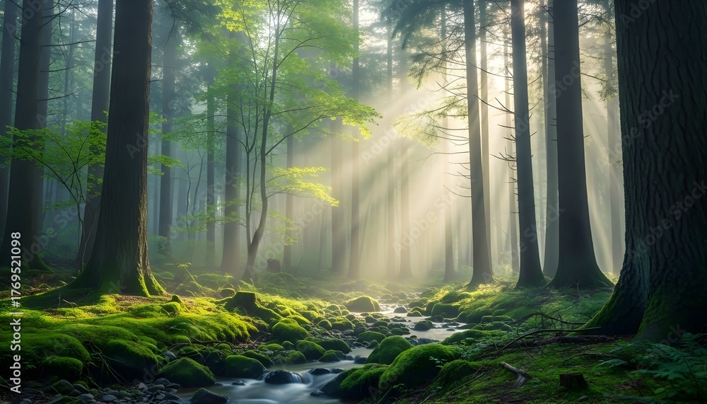 Obraz premium Sunlight streams through trees in a lush green forest scene