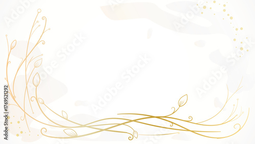 Elegant gold floral swirl frame background vector with soft beige watercolor texture and luxury leaf decoration design for wedding invitation or card template.