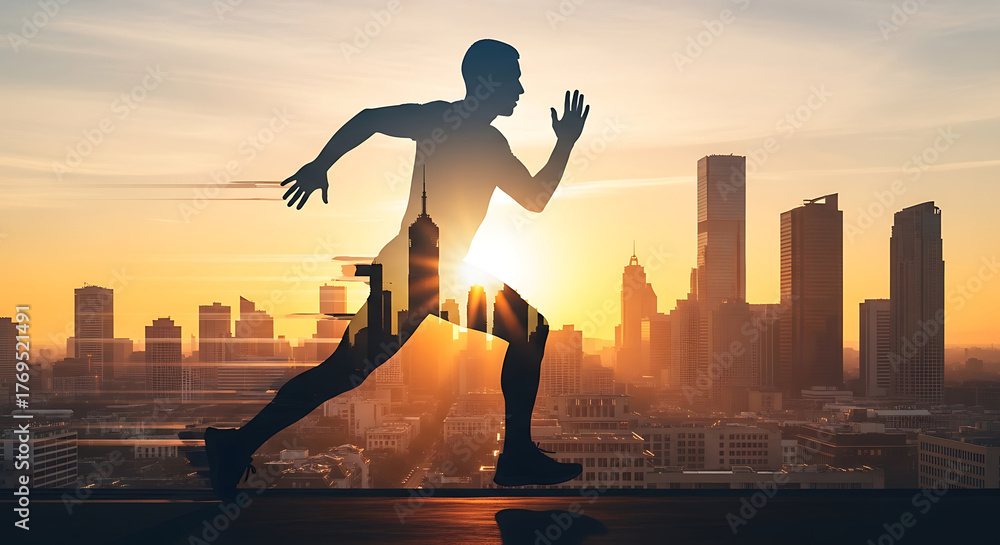 Fototapeta premium Runner Silhouetted Against a City Skyline at Sunset, Showcasing Dynamic Motion and Urban Backdrop with Vibrant Colors and Athletic Energy