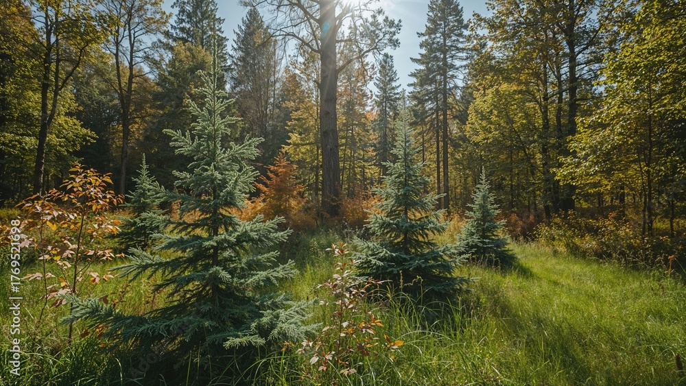 Fototapeta premium High evergreen sprouts in autumn forest with tall trees and lush green grass.