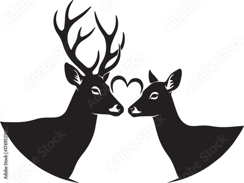 Elegant black deer couple  with a heart symbol, perfect for wildlife, love, and nature themed designs, ideal for creating charming icons and illustrations