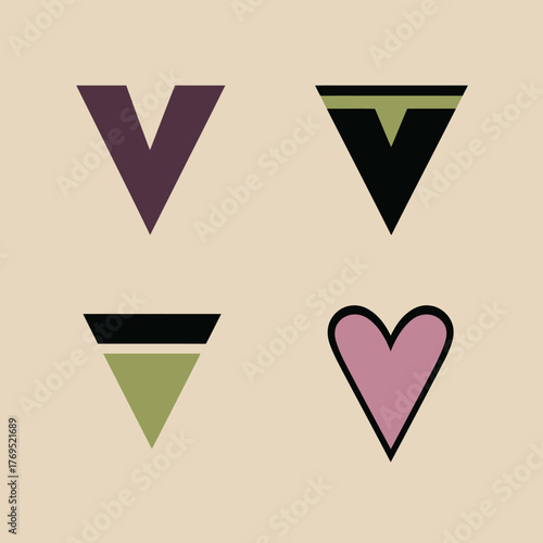 Abstract graphic design featuring minimalist inverted triangle V-shapes and a pastel pink heart symbol on a light beige background