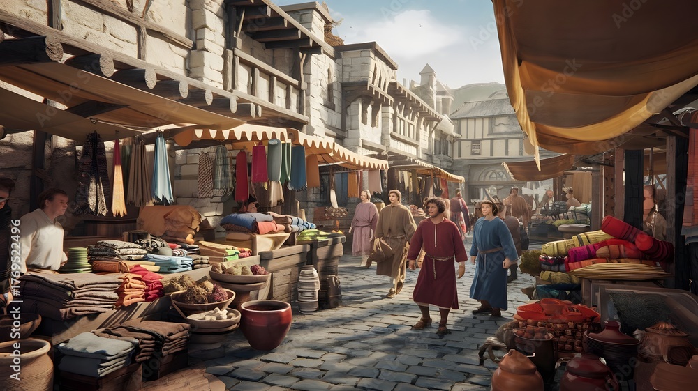 Obraz premium A cinematic shot of a bustling medieval town marketplace at noon.