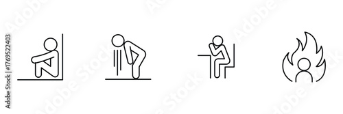 Depression sadness, exhaustion weak, loneliness solitude, burnout stress icon set, psychology emotion vector illustration, minimal mental outline art.