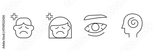 Serious face, sad emotion, thoughtful eye, spiral head icon set, psychological mental health vector illustration, minimal outline art symbol.