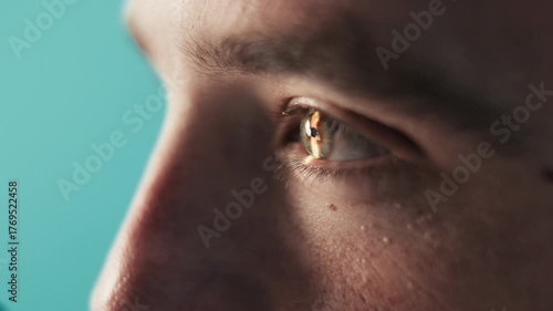 Close-up of human eye showcasing intricate details, highlighting vision examination process, with reflections and textures emphasizing ocular health and clarity