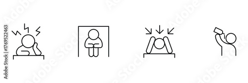 Stress head, depression isolation, frustration pressure, drinking alcohol icon set, psychology mental health outline vector illustration, minimal symbol.