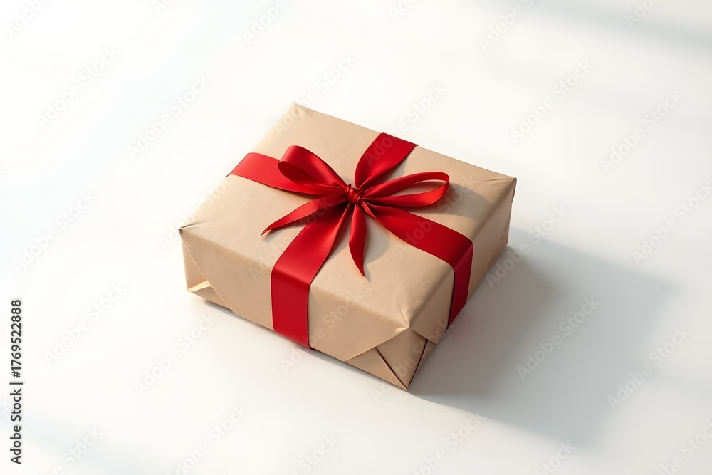 Obraz premium Kraft paper gift box with red ribbon celebrating holidays
