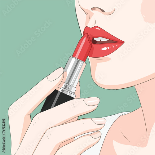 Elegant woman applying vibrant red lipstick for a glamorous look, showcasing beauty and confidence in a cosmetic advertisement