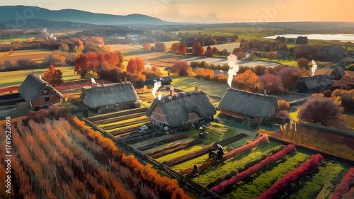 A painterly photo of an aerial view of a small medieval village in autumn.