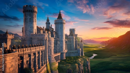A cinematic fantasy matte painting of a majestic medieval castle perched on a cliff during the golde