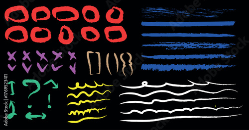 Handcrafted Vector Colouful Paint Ink Brush Stroke and Line Textures for Bold Artistic Banners and Dynamic Black Background Designs