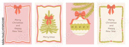 Christmas and New Year card set featuring wavy frames, ribbons, bows, fir branches, ornaments, and festive wishes in a charming retro pencil-doodle vector style with a soft vintage holiday feel.