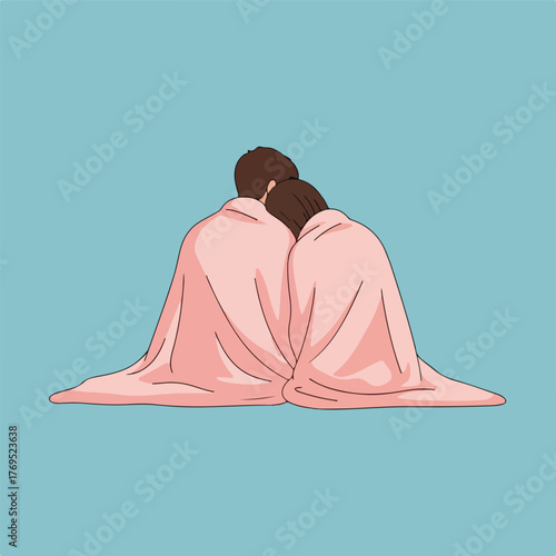 Cozy couple snuggling under pink blanket with calming blue background illustration