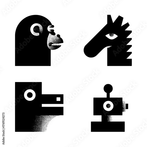 Abstract Geometric Black and White Heads: Stylized Ape, Horse, Dog, and Robot Profiles with Grainy Texture Art