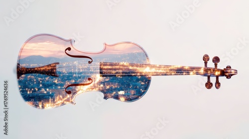 Fototapeta Naklejka Na Ścianę i Meble -  Beautiful violin intertwined with a vibrant urban skyline at sunset