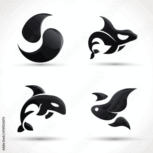 Abstract stylized killer whale and orca vector icons with glossy effect, marine animal graphic design elements for logo concepts