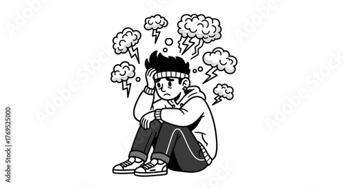Young person feeling stressed and overwhelmed with anxious thoughts visualized as stormy clouds