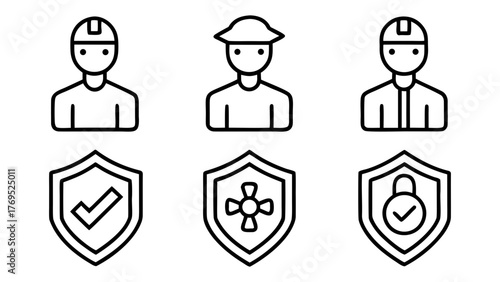 Vector Set of worker icons with protective shields, symbolizing safety, security, and protection in various industries and professions