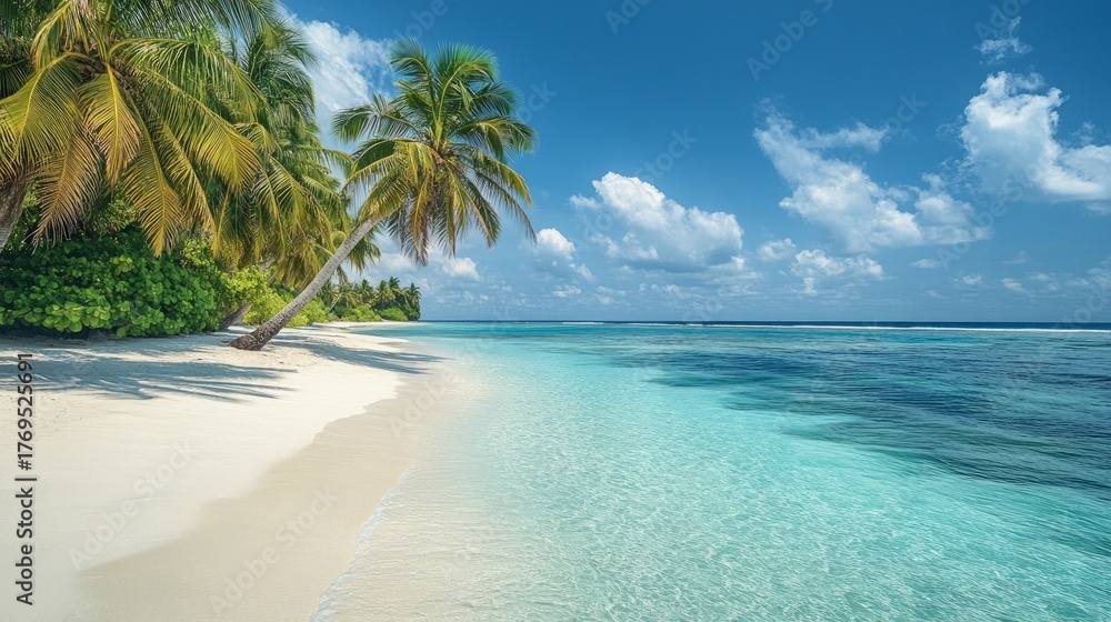 Fototapeta premium Tropical beach with palm trees and turquoise water, clean white sand. Ideal for travel brochures, travel websites, resort advertising, interior design.