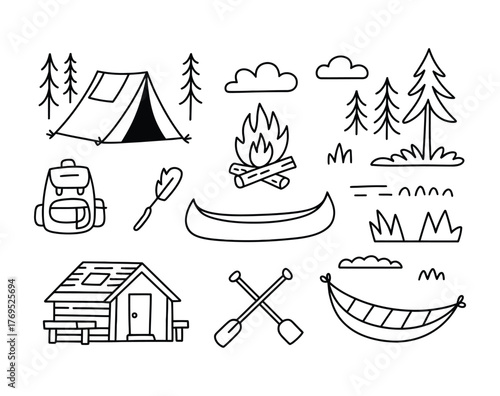 Hand drawn camping elements featuring tent cabin canoe fire backpack hammock and trees