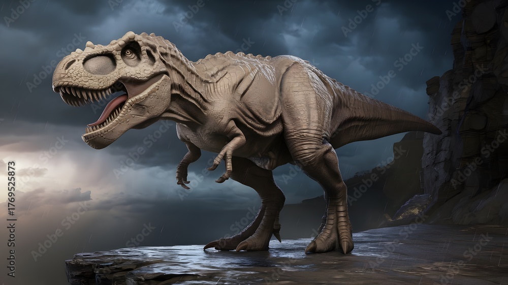 Fototapeta premium An ultra-realistic photo of a Tyrannosaurus rex with a fierce expression, standing on a rocky cliff 