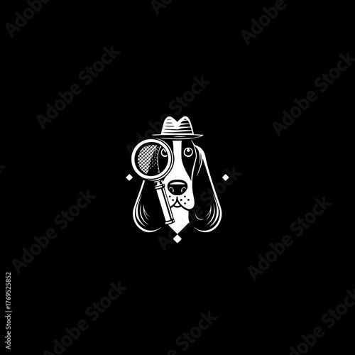 Mysterious dog detective illustration in retro style, wearing a fedora and holding a magnifying glass, black & white vintage artwork