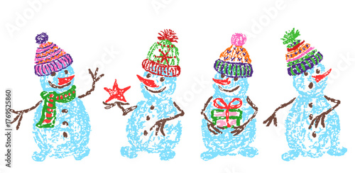 Christmas funny cute snowman set in colorful winter knitted pom-pom beanie hat, pom bobble. Crayon, pastel chalk or pencil like kids hand drawing style. Cartoon character, doodle flat scene vector 