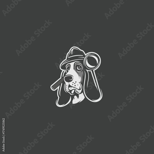 Vintage cartoon dog detective illustration with fedora hat and magnifying glass, a whimsical investigator solving mysteries.