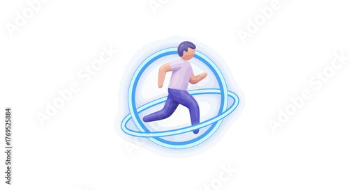 A cartoon man runs inside a blue circular path on a white background, conveying a sense of dynamic movement with a modern and sleek visual style.