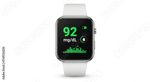 Close-up of a white smartwatch displaying a health metric reading on its screen against a plain white background with a sleek and modern aesthetic.