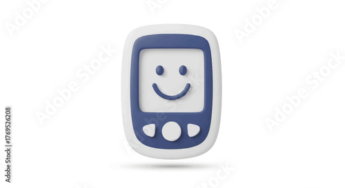 A small, blue and white device with a smiley face on its screen sits on a plain white background, conveying a cheerful mood with a simple, rounded design and two buttons.