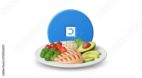 A plate of grilled chicken, quinoa, avocado, and vegetables on a white plate with a blue lid featuring a logo, against a clean white background.