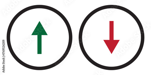 arrow set vector illustration. Red and green arrow inside a black round border.