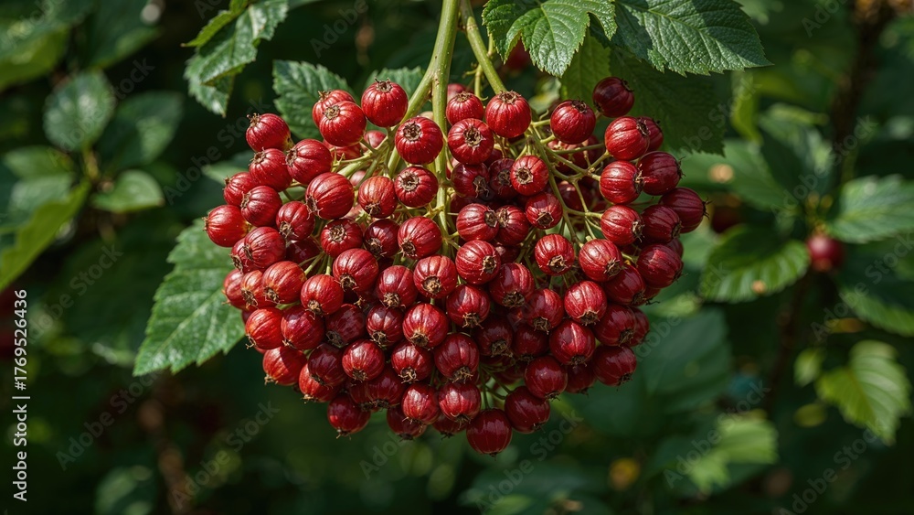Fototapeta premium Vivid red berries on the tree in the garden up close, blank space for text