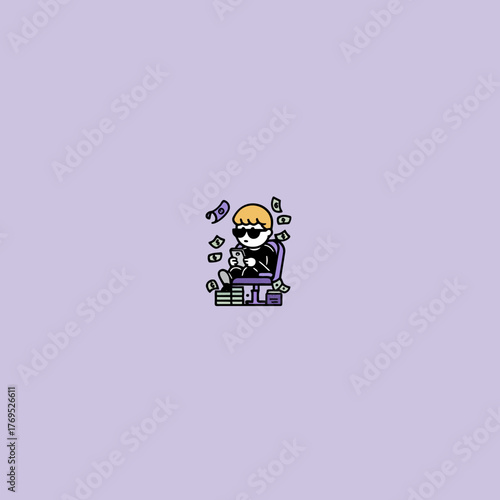 Minimalist vector illustration of a rich cartoon character in sunglasses, sitting on a chair with flying money on a light purple background, symbolizing wealth and success.