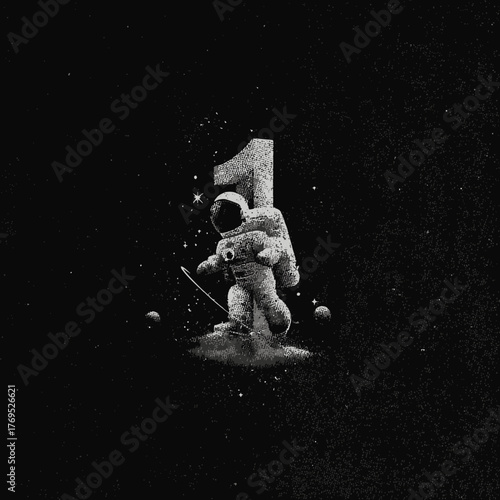 Astronaut walking on cosmic terrain with large number one, symbolizing new beginnings, discovery, exploration, and space adventure