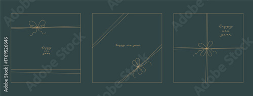 Line ribbon, knot gift box bow on green card, banner, invitation tepmlate. Merry Christmas, Happy new year poster design with gold knot