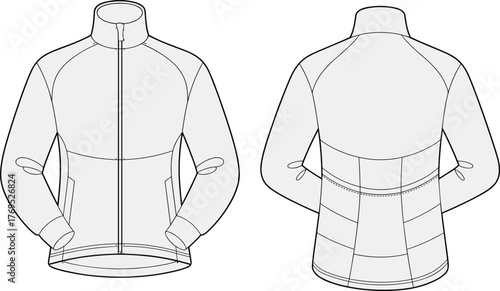 Jacket technical drawing, front and back view, fashion flat sketch, garment design template, outerwear mockup, clothing illustration, vector apparel outline