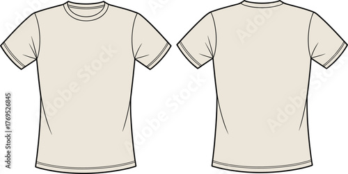 Plain t shirt front and back, short sleeve crew neck, blank apparel mockup, clothing template, fashion flat sketch, vector garment illustration