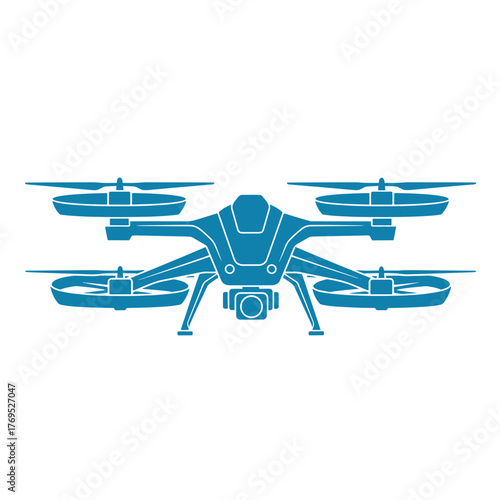 Blue quadcopter drone with camera viewed from front on white background aerial vehicle