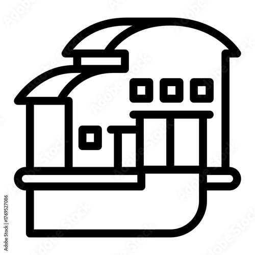 Building with warehouse line icon, manufacturing logistic concept, hangar with gate and road sign on white background, outline style for mobile web design. Vector graphics.