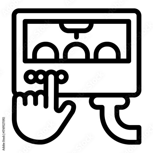 Oven with buttons and hand index finger line icon, manufacture concept, bakery factory sign on white background, outline style for mobile web design. Vector graphics.