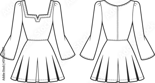 Technical flat sketch pleated dress, fashion illustration front and back view, square neckline trim, long flared sleeves, garment construction drawing