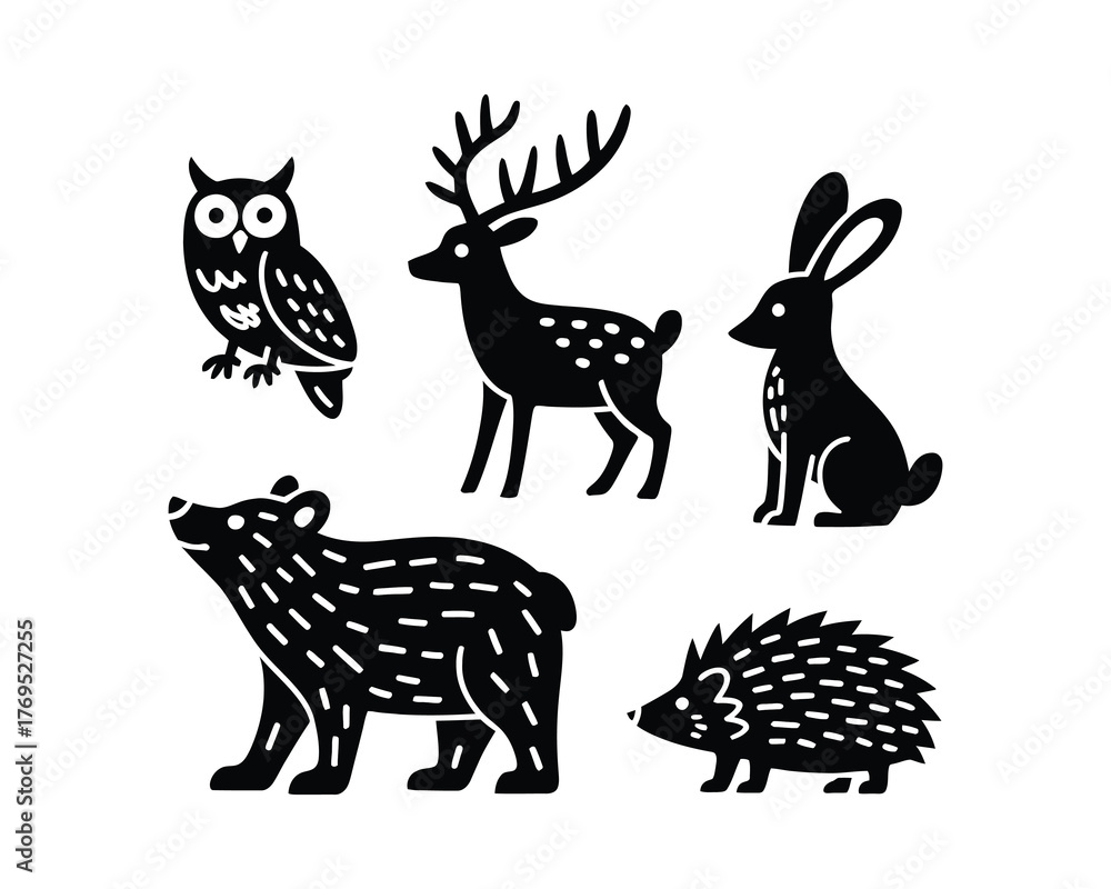 Obraz premium Charming woodland creatures set includes owl deer rabbit bear hedgehog stylized art