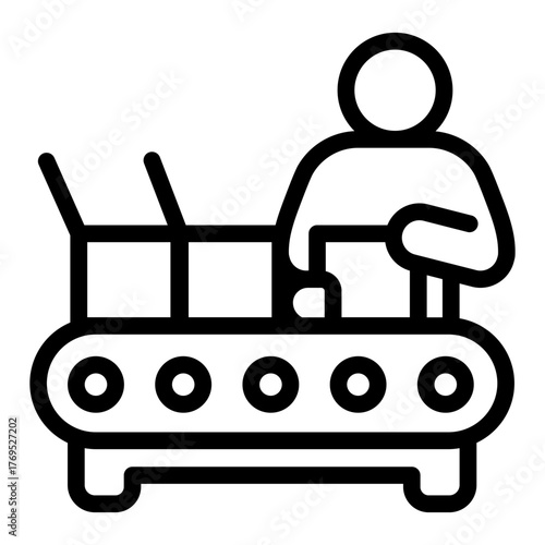Man working at conveyor with boxes line icon, manufacturing concept, factory worker packaging sign on white background, outline style for mobile web design. Vector graphics.